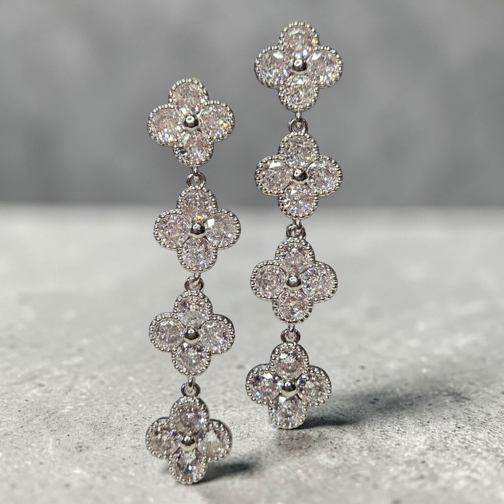 Luxury Clover Silver Plated Stainless Zircon Crystal Drop Dangle Earrings